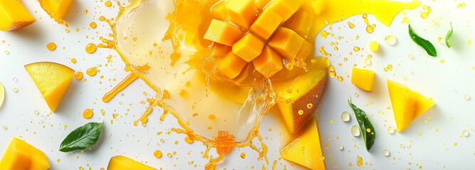 A slice of mango drops in orange juice, blending vibrant flavors