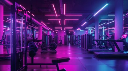 Plakat A modern gym interior with neon lighting and exercise equipment, including treadmills, weight machines, and a stationary bike.