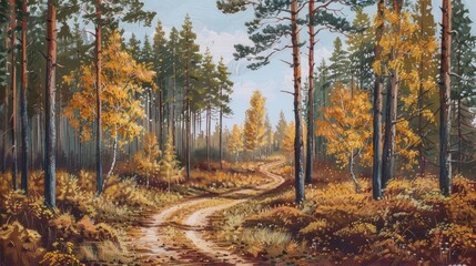 Autumn forest scenery with a twisting path surrounded by towering pine trees and yellow foliage in the front
