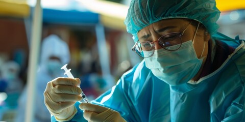 A close-up of a healthcare worker administering a vaccine at a pop-up vaccination site