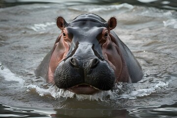 Fototapeta premium Closeup of hippo in water, dark skin, eyes, nostrils, surrounded by turbulent water