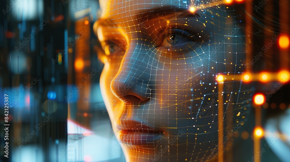Fototapete A close-up image of a womans face, overlaid with a digital mesh, representing the concept of facial recognition technology. Generative AI