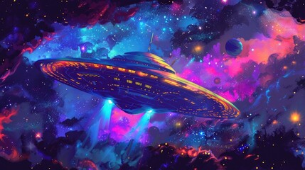 Quirky space creatures Extraterrestrial UFO vessel soaring through the cosmos in this vibrant 2d artwork