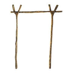 Watercolor campfire cooking pot. Sticks with knots for hanging the cauldron over the fire. Hand drawn camping illustration isolated on white background. Wooden stick. Tools for tourism, hiking, scout