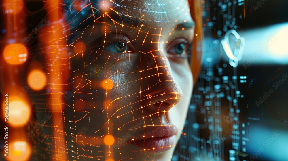 Fototapete A close-up of a womans face with an orange digital grid overlay, representing a facial recognition system. Generative AI