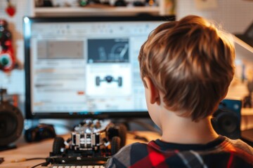 A young boy working on building a toy car at home using a computer for guidance. Modern technology and creativity in action.