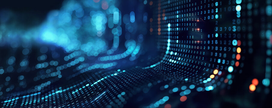 information technology and blue digital binary data network with coding and software algorithm programing as blue data flow abstract datum background banner