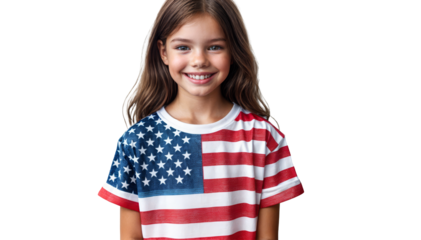 Smiling child wearing an American flag t-shirt on a transparent background. Ideal for 4th of July promotions, Independence Day celebrations, and patriotic campaigns.
