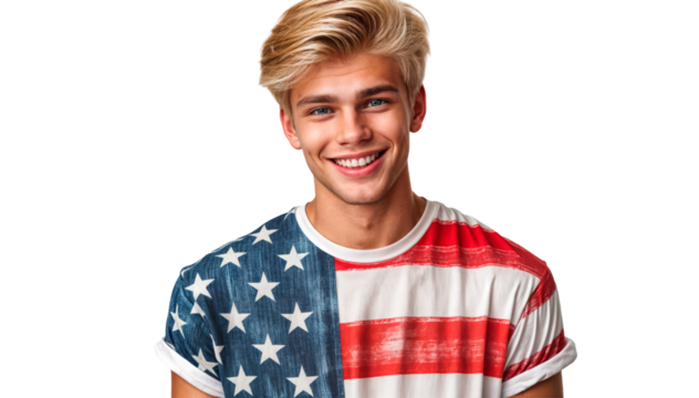 Smiling man in an American flag t-shirt on a transparent background. Ideal for 4th of July promotions, patriotic events, and marketing materials.