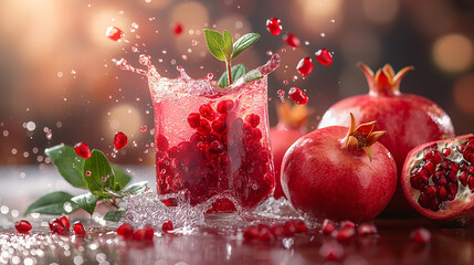 Pomegranates are floating and splashing in water against a red background