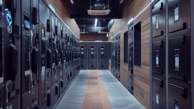A clean and well-lit electrical room in a data center, featuring rows of panel boards and a central walkway.