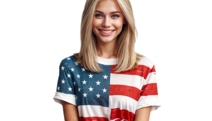 Smiling woman wearing an American flag t-shirt on a transparent background. Perfect for 4th of July promotions, Independence Day celebrations, and patriotic campaigns.