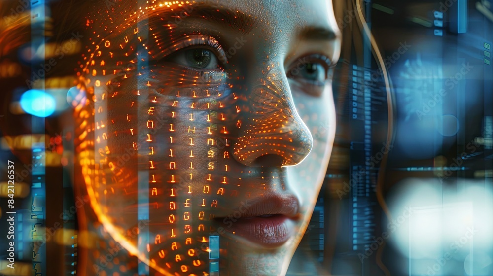 Leinwandbilder A womans face is digitally scanned by binary code, highlighting the concept of facial recognition technology in a futuristic setting. Generative AI