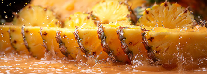Pineapple slices are falling into a glass of water, creating a splash