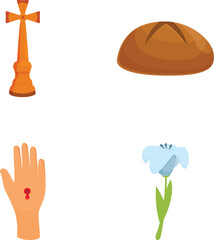 Set of four diverse religious icons including a cross, bread, hand with stigmata, and a flower