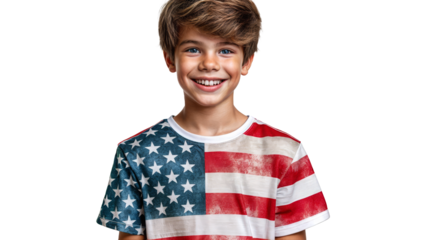 Smiling young boy in American flag t-shirt, studio, showcasing patriotism and national pride. Perfect for Fourth of July, American businesses, marketing campaigns, and social media. Premium PNG format