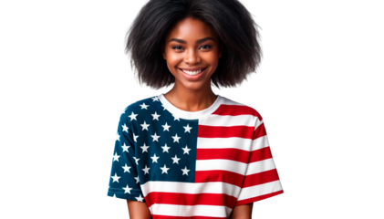Young woman with afro hairstyle in American flag t-shirt, studio, smiling, representing diversity and patriotism. Ideal for Fourth of July, American businesses, marketing campaigns, and social media. 
