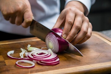 Obraz premium Hands in white shirt carefully slice red onion on wooden cutting board
