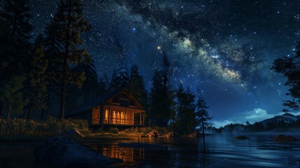 Fototapeta premium Starry Night Serenity Cozy Cabin Bathed in Milky Way Glow Amidst Untouched Wilderness