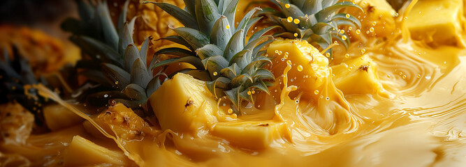 Pineapple slices are falling into a glass of water, creating a splash
