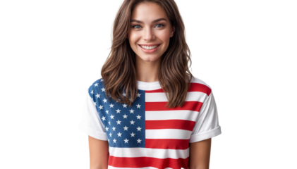 Young woman in American flag t-shirt, studio, smiling, symbolizing patriotism and national pride. Ideal for Fourth of July, American businesses, marketing campaigns, and social media. Premium PNG