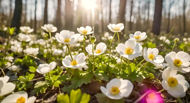 Spring Forest Landscape: Close-Up of Beautiful White Anemones in Sunlight, the background is forest