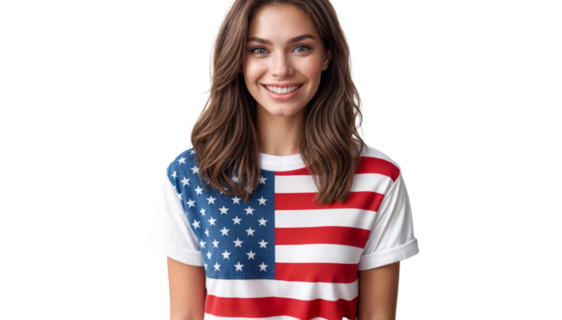 Young woman in American flag t-shirt, studio, smiling, symbolizing patriotism and national pride. Ideal for Fourth of July, American businesses, marketing campaigns, and social media. Premium PNG