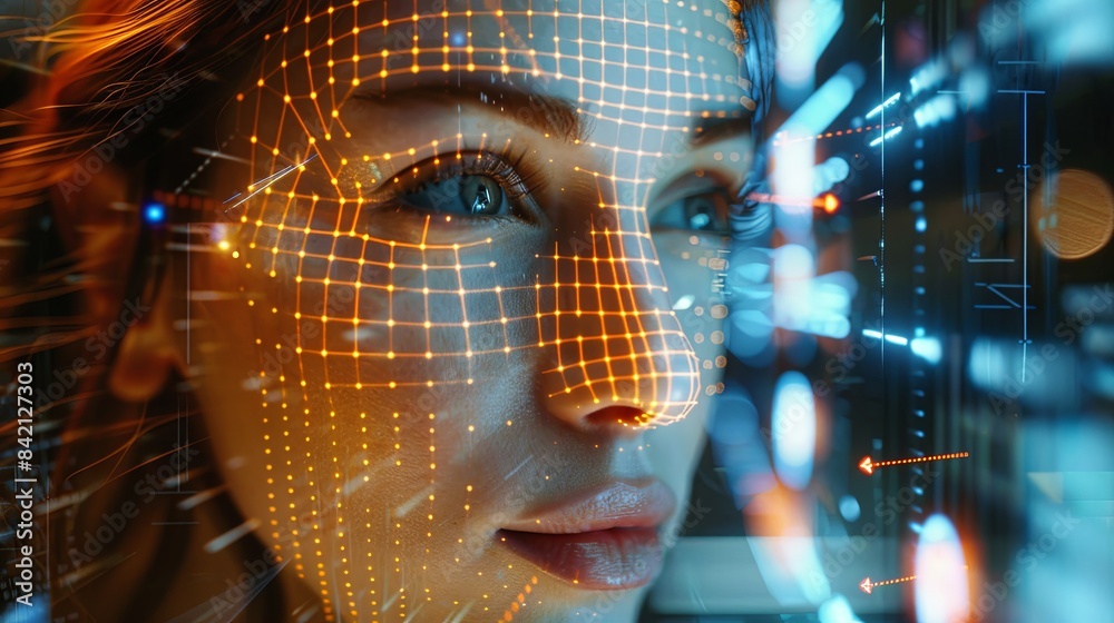 Leinwandbilder Close-up image of a womans face being scanned by a facial recognition system, displayed as a grid of glowing lines. Generative AI
