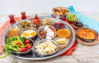 Traditional Turkish Breakfast Table (Serpme Kahvalti). Traditional Turkish village breakfast with...