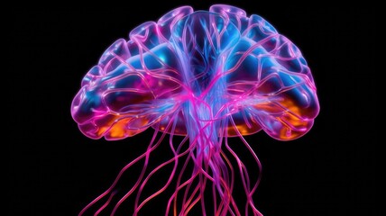 3D brain model with vibrant neon colors. Abstract image or digital artwork of human brain with multicolored or rainbow neon color glow in dark background. Neuroscience and creativity concept. AIG35.
