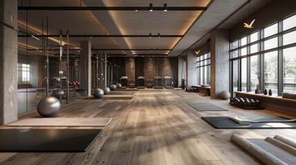 An empty modern fitness studio with wood floors, large windows, and a variety of exercise equipment.
