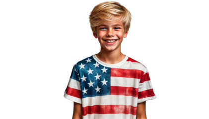Smiling young boy in American flag t-shirt, studio, showcasing patriotism and national pride. Perfect for Fourth of July, American businesses, marketing campaigns, and social media. Premium PNG format