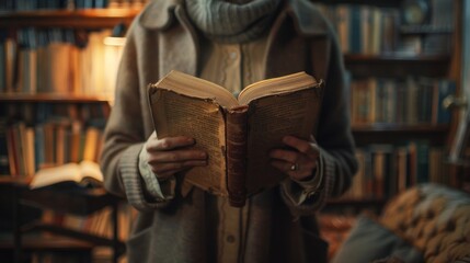 Fototapeta premium Person reading an old book in a cozy library
