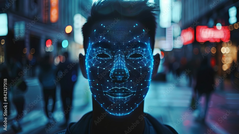 Aufkleber a mans face is scanned by a facial recognition system, his features transformed into a glowing blue 