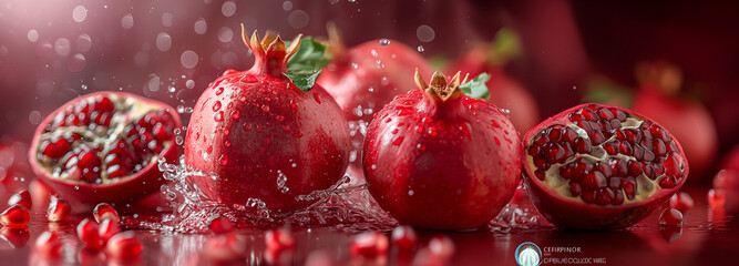Pomegranates are floating and splashing in water against a red background
