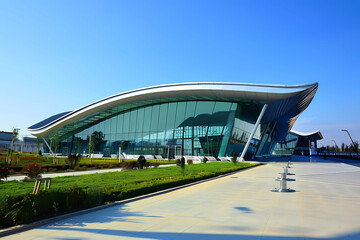 Fototapeta premium Green Energy: A futuristic building with solar panels integrated into its design, green energy solar - High Resolution Image.