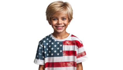 Smiling young boy in American flag t-shirt. Perfect for Fourth of July, American businesses, marketing campaigns, , patriotism and national pride. Premium PNG format, transparent background