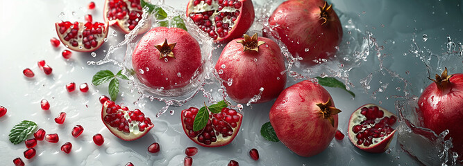 Pomegranates are floating and splashing in water against a red background
