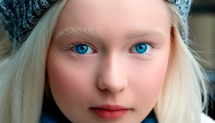 Fototapeta premium A beautiful young albino girl with soft, smooth skin, blue eyes, and red lips.