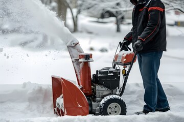Person in black jacket and red snow blower clearing snow in residential area