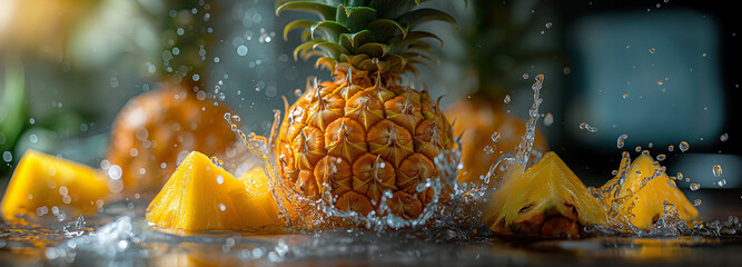 Pineapple slices are falling into a glass of water, creating a splash