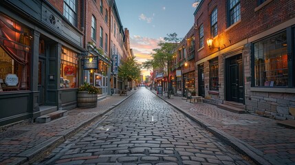 Obraz premium Historic buildings in an urban historic district, heritage, preservation, architecture, cobblestone streets, vintage