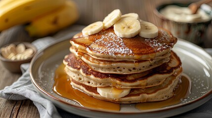 Whole grain pancakes with Greek yogurt and sliced bananas, wholesome, fiber-rich, indulgent, balanced, comforting,