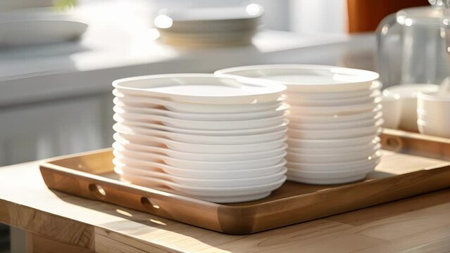 A stack of sleek white compostable plates elegantly displayed on a wooden tray.