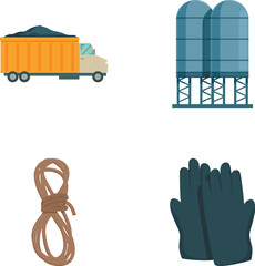 Vector icon set featuring a dump truck, grain silos, a rope, and gloves