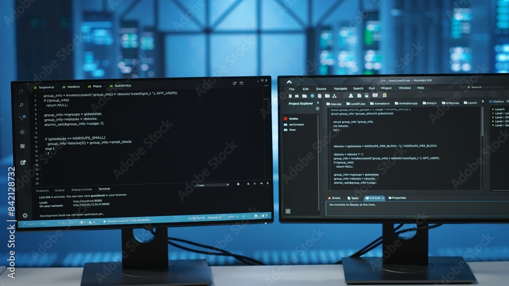 Poster computers in empty data center facility managing rackmounts energy consumption. close up of script o