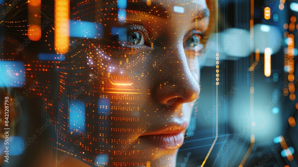 Leinwandbilder a womans face is digitally overlaid with data streams, suggesting the futuristic use of facial recog