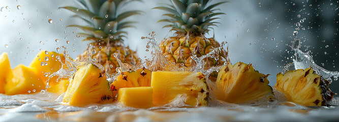 Pineapple slices are falling into a glass of water, creating a splash
