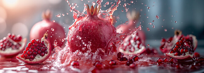 Pomegranates are floating and splashing in water against a red background