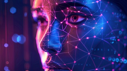 An abstract representation of facial recognition technology, depicting a human face as a digital network of interconnected data points. Generative AI
